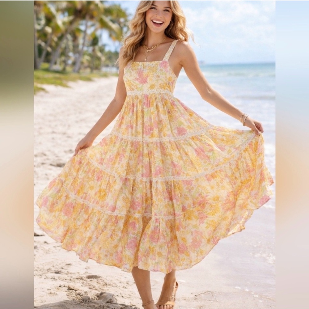 American Eagle Outfitters Yellow Floral Print Boardwalk Dress
